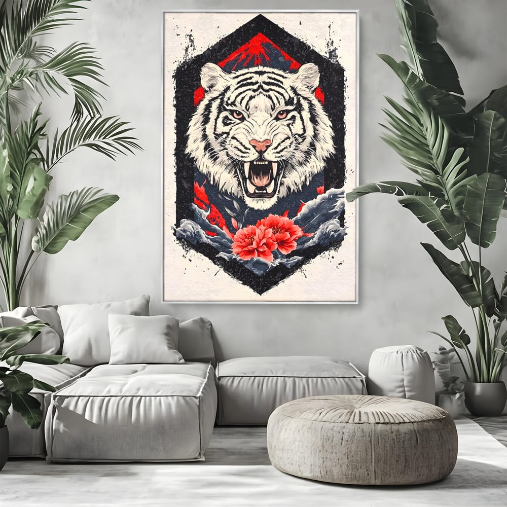 Tablou canvas cu tablou canvas cu tigru alb si flori rosii, in rama de aluminiu argintiu, pe perete intr-un living